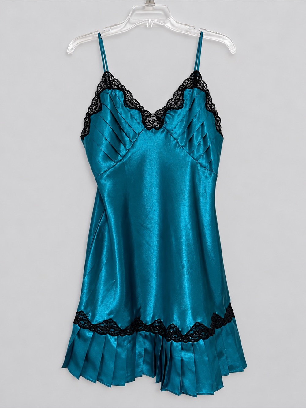 VTG 90s Victoria’s Secret Gold Label Teal Satin Lace Pleated Slip Dress M #2783